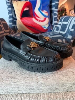 Versace Black Leather Medallion Bit Platform Loafers